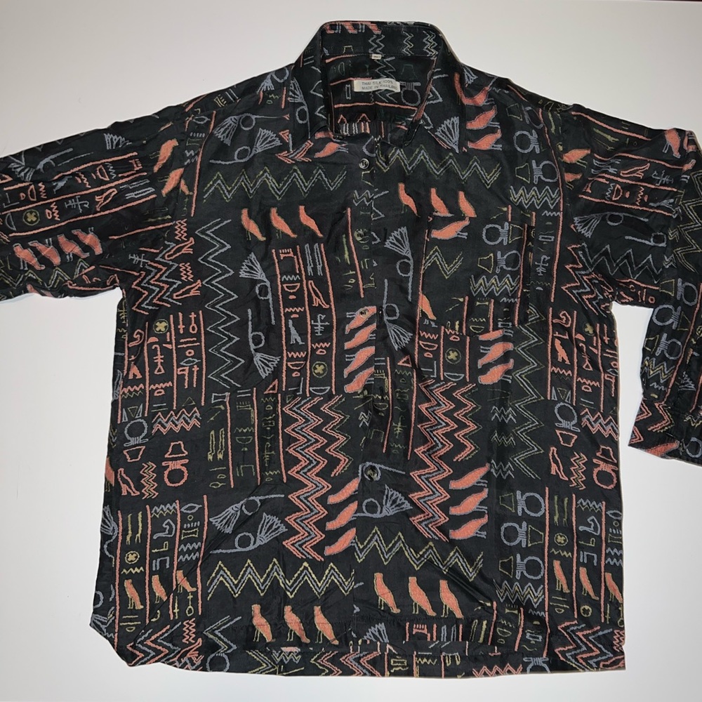 Medium 100% Thailand Silk Egyptian Hieroglyphics 90s Y2K vintage designer piece.